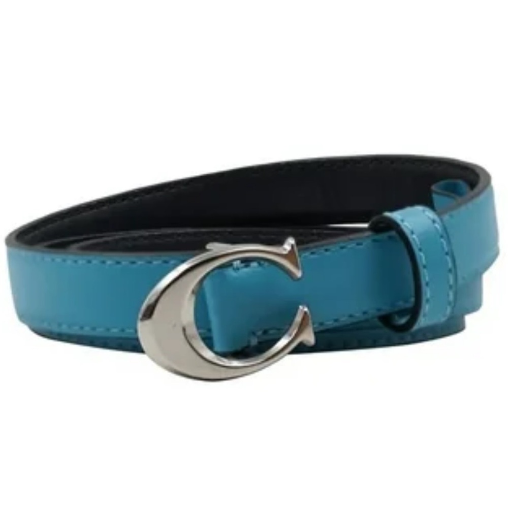 COACH Aqua Leather Belt with Silver Signature Buckle - 89352, Size S